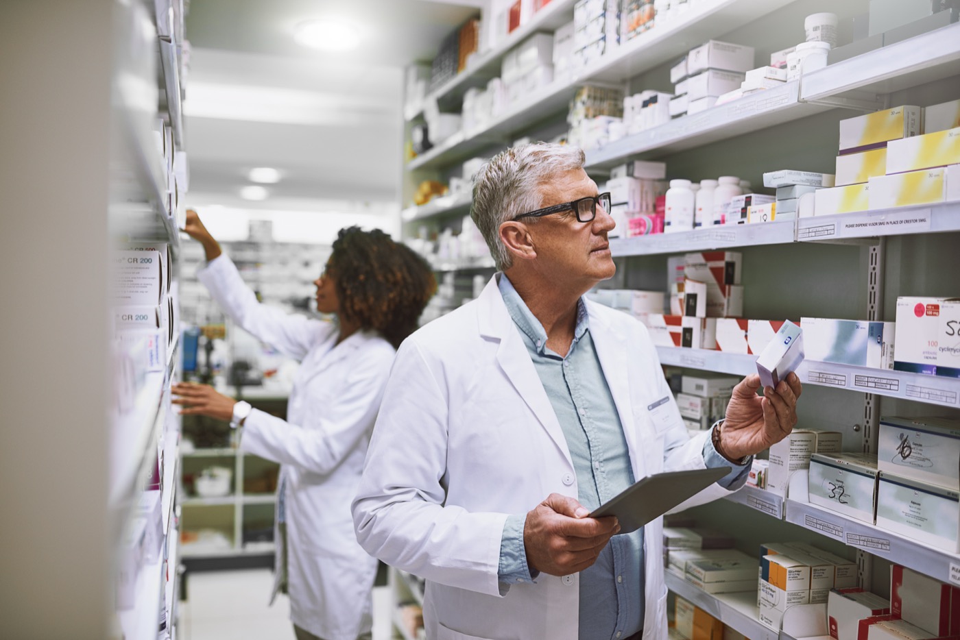 Diagnostic test packs on a pharmacy shelf